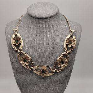 Vintage Green Rhinestone Flower Necklace
